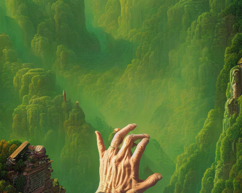 Colossal hand in surreal landscape with towering cliffs