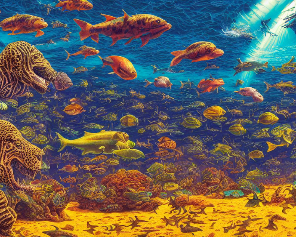 Colorful Fish Swimming in Sunlit Coral Reef