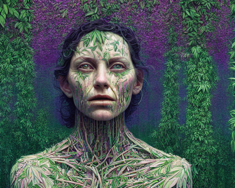 Botanical-human fusion with plant-like skin textures in lush foliage