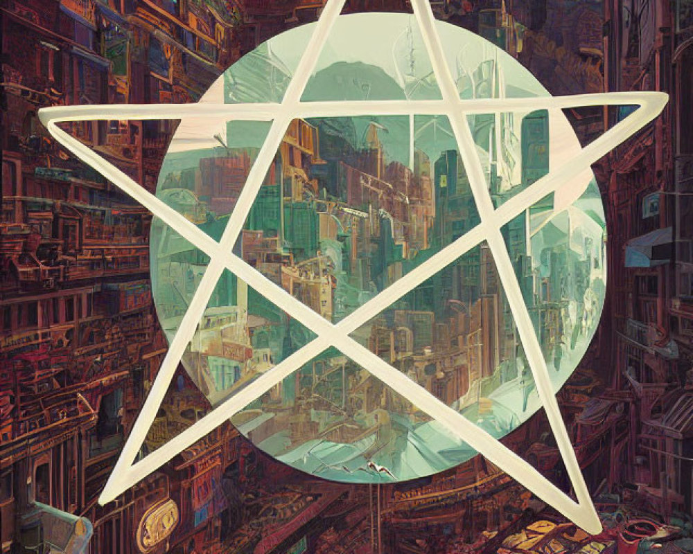 Detailed futuristic cityscape with white pentagram overlay