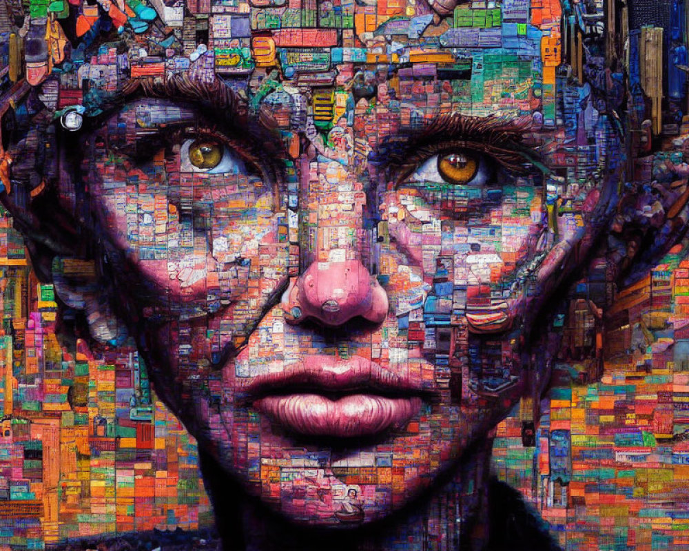 Vibrant mosaic artwork featuring a human face and hypnotic eyes