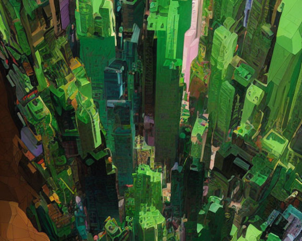 Abstract green-toned cityscape with vibrant skyscrapers in depth.
