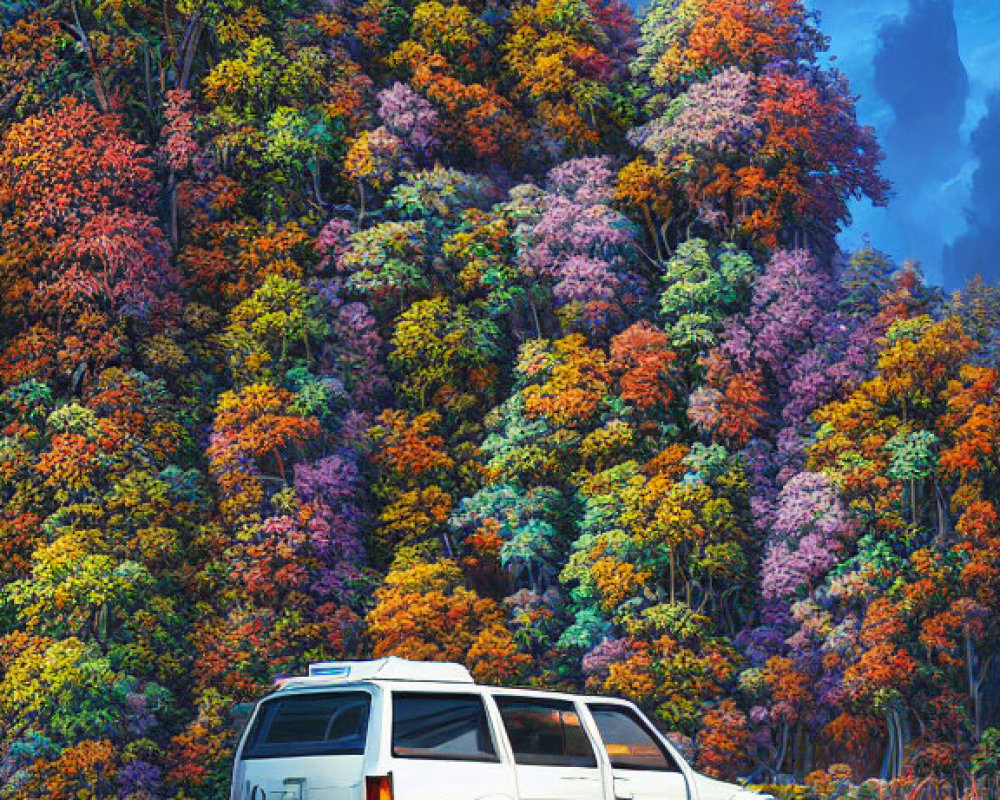 Futuristic van in autumn forest near advanced cityscape