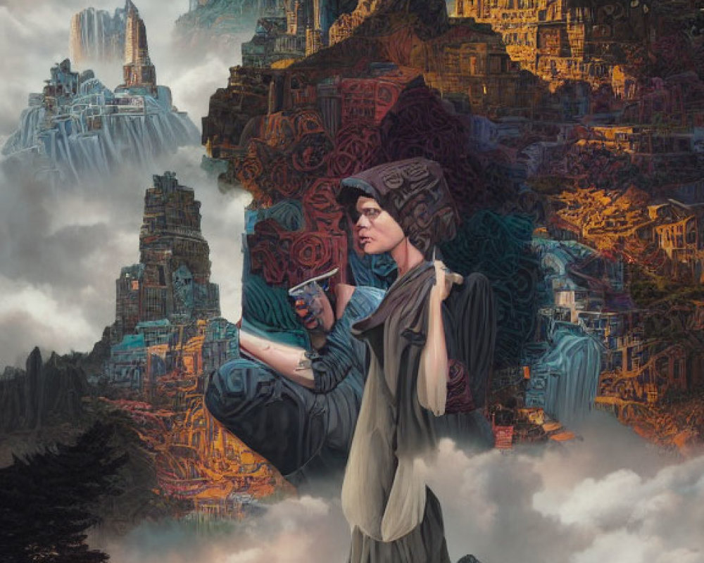 Surreal portrait of a woman with a book in mystical landscapes
