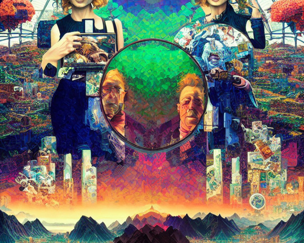 Vibrant collage of two figures with magnifying glasses over diverse landscape