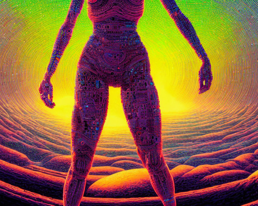 Symbolic humanoid figure in vibrant psychedelic landscape