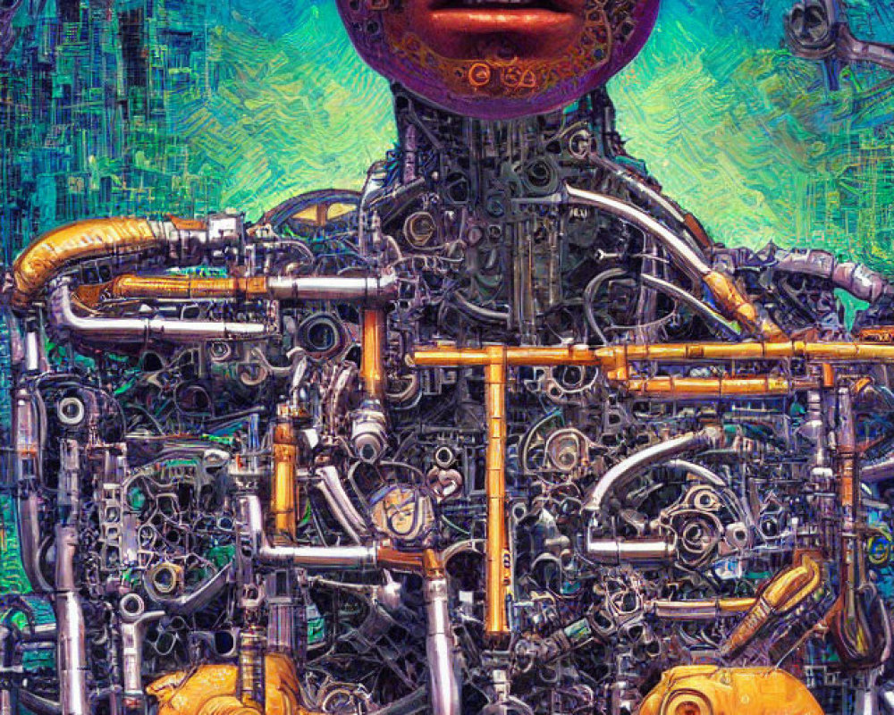 Detailed artwork of mechanical being with human-like face in purple and gold hues