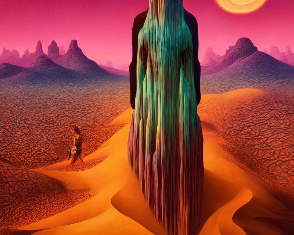 Surreal desert landscape with vibrant orange dunes and multiple suns