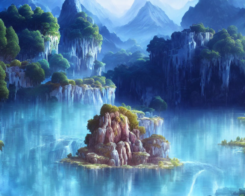 Tranquil landscape with green mountains, waterfalls, misty lake, and tree-covered island