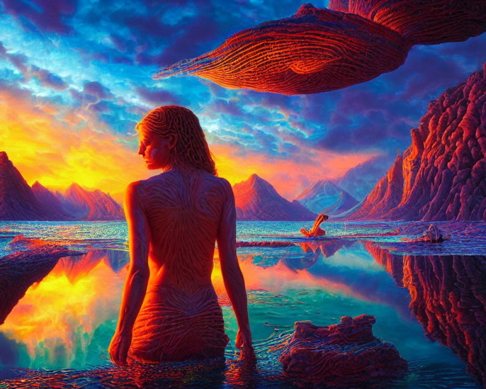 Surreal landscape with luminescent waters and fiery terrain