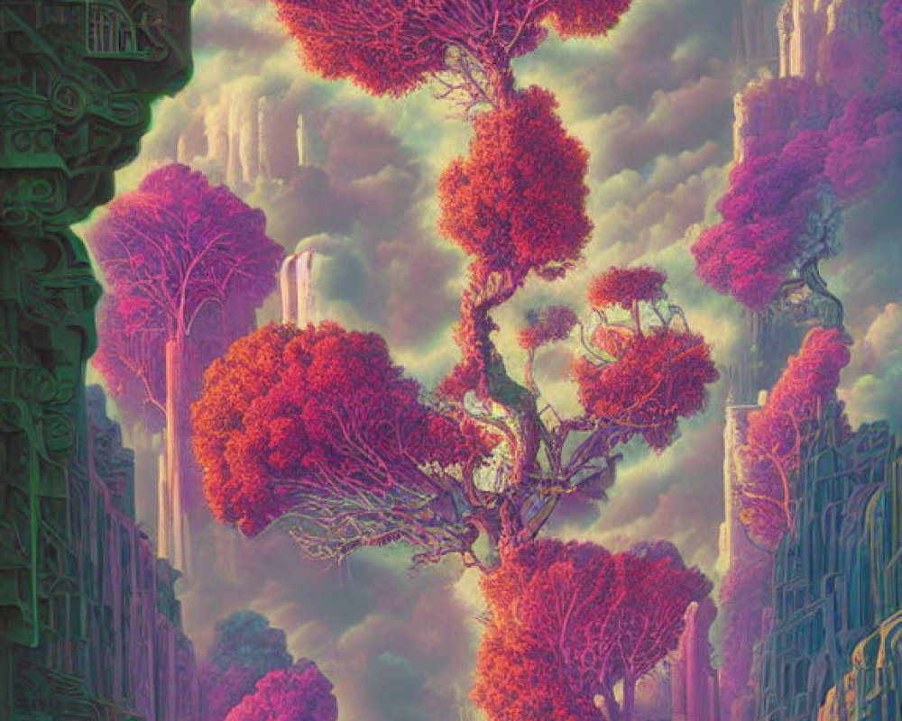 Fantastical landscape with towering cliffs, intricate carvings, and vibrant red foliage in mystical purple
