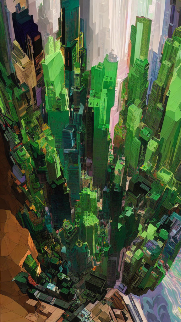 Abstract green-toned cityscape with vibrant skyscrapers in depth.