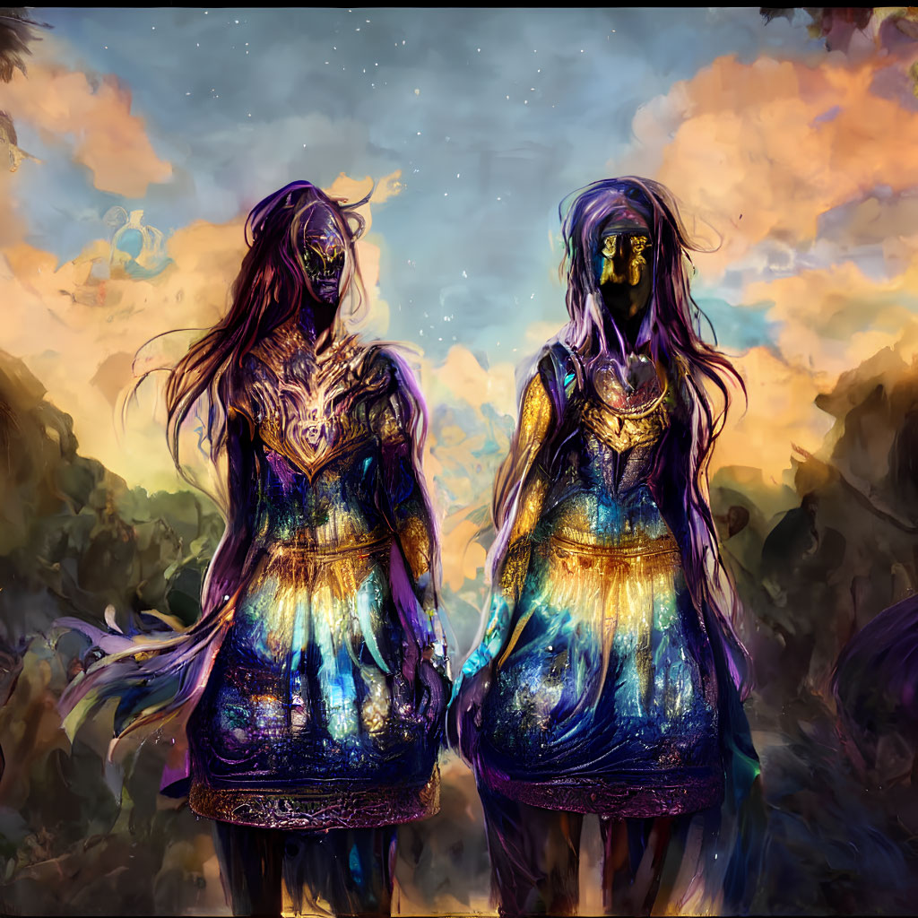 Ethereal female figures with violet skin in luminescent dresses against a dusk sky