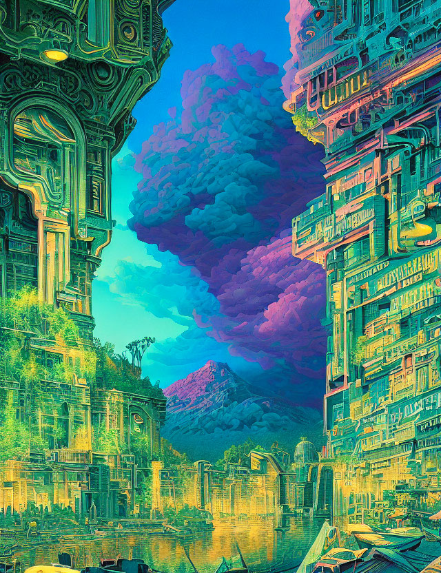 Detailed futuristic cityscape with towering buildings and colorful sky