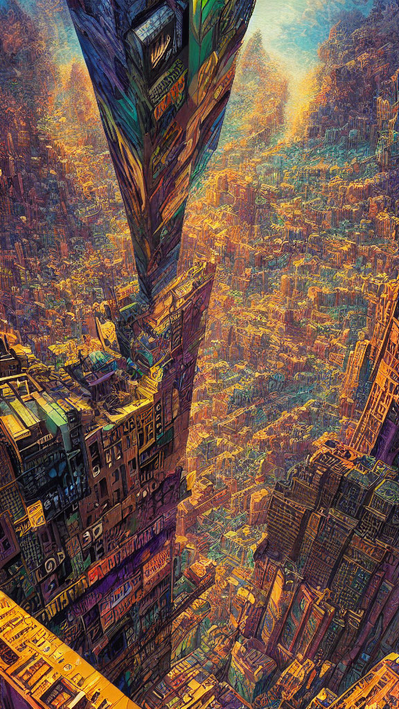 Densely packed cityscape under warm, glowing sky
