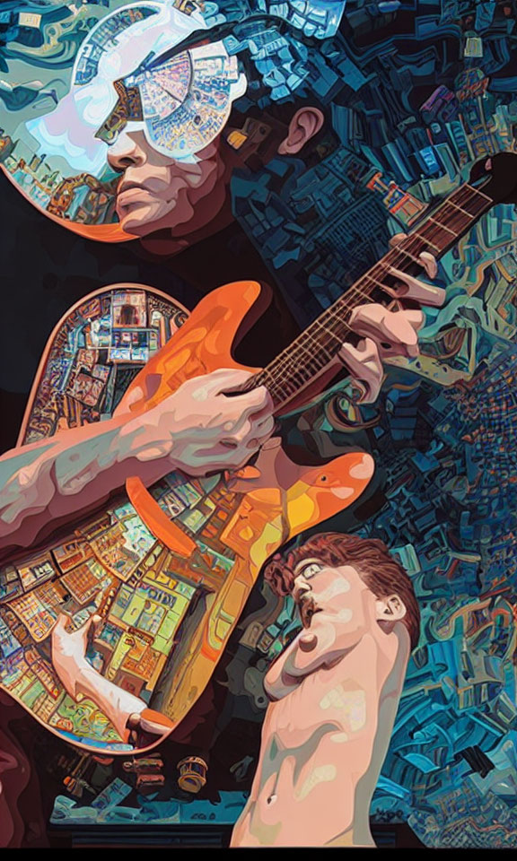 Colorful Illustration: Person Playing Guitar with Cityscape and Circuitry Integration