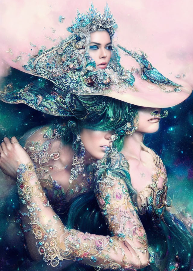 Surreal fantasy image of three females in jeweled costumes and elaborate hats against cosmic backdrop