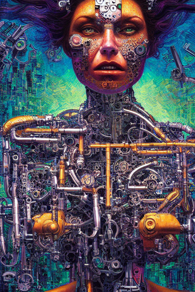 Detailed artwork of mechanical being with human-like face in purple and gold hues