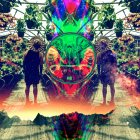 Vibrant collage of two figures with magnifying glasses over diverse landscape
