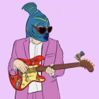 Stylized illustration of man with multiple faces playing guitar & colorful bird on pink background