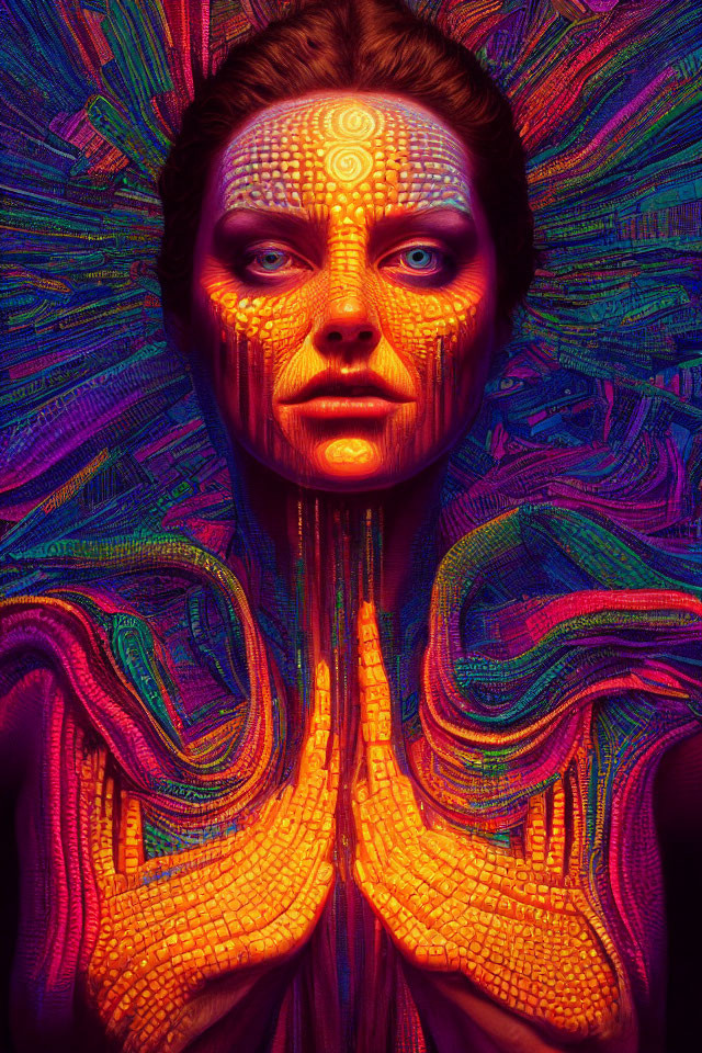 Intricate neon body paint in orange, blue, and purple with geometric face pattern