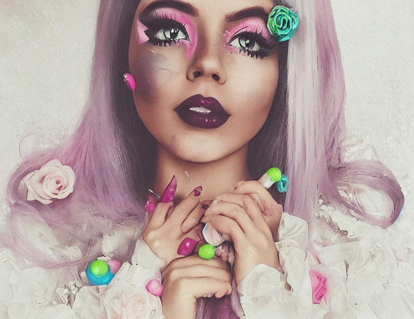 Purple-haired person with starry makeup and floral accents in a portrait pose.