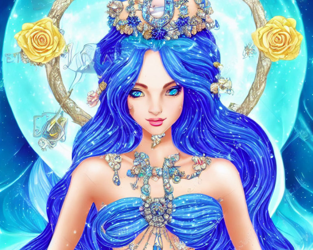 Fantasy illustration of woman with blue hair and celestial motifs