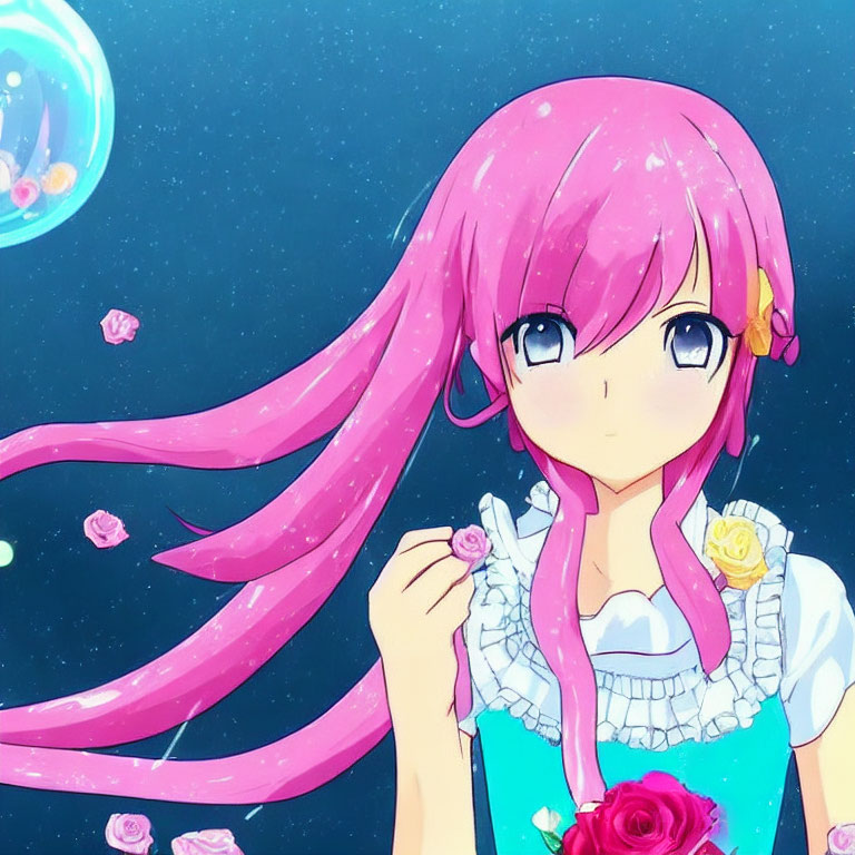 Pink-haired anime girl with blue eyes holding a rose in a starry setting