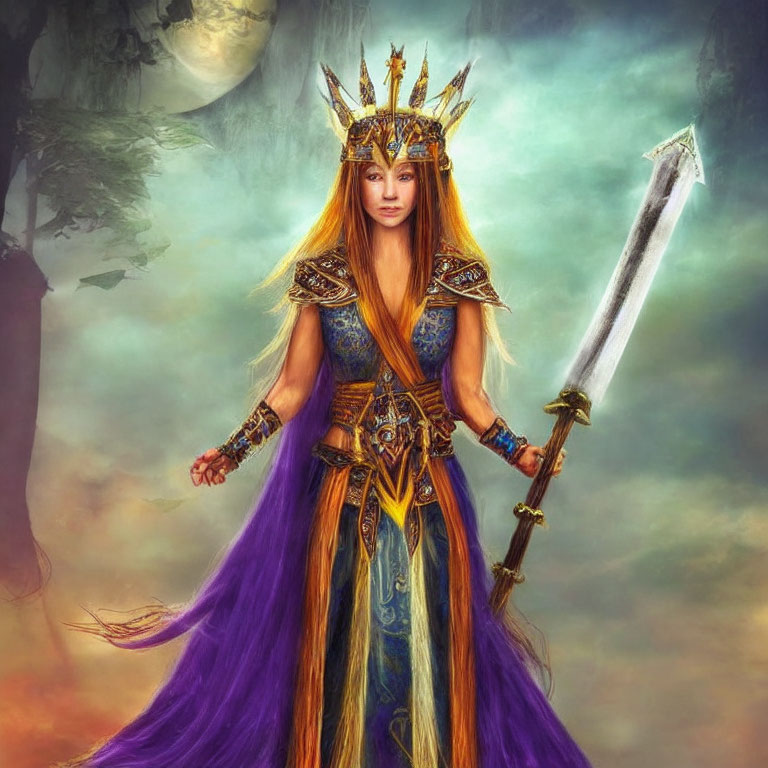 Female warrior in golden crown and ornate armor wields sword in misty fantasy setting