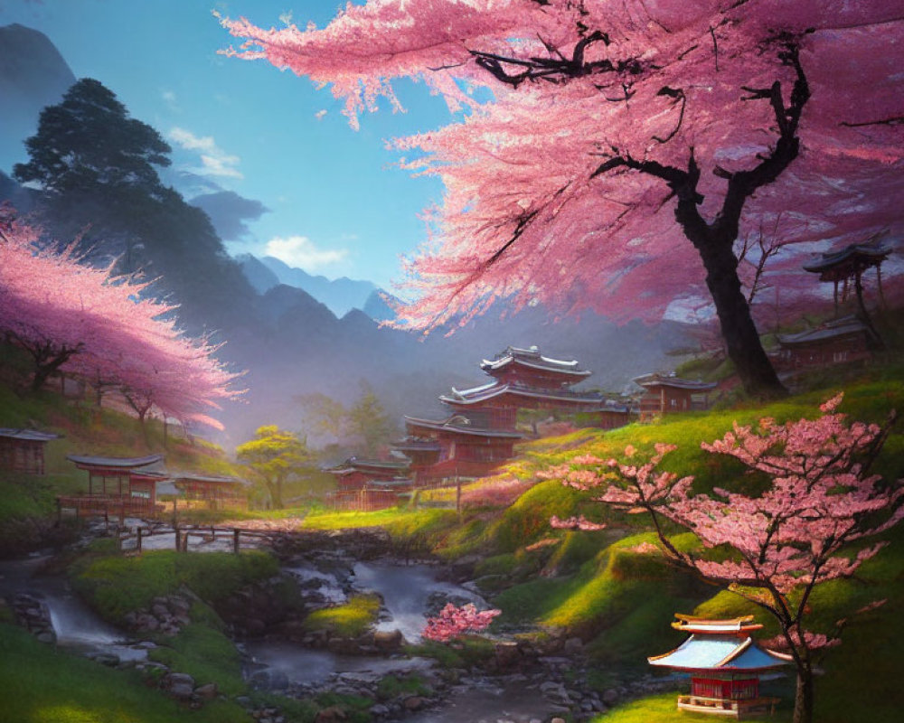 Tranquil Japanese landscape with cherry blossoms and traditional architecture