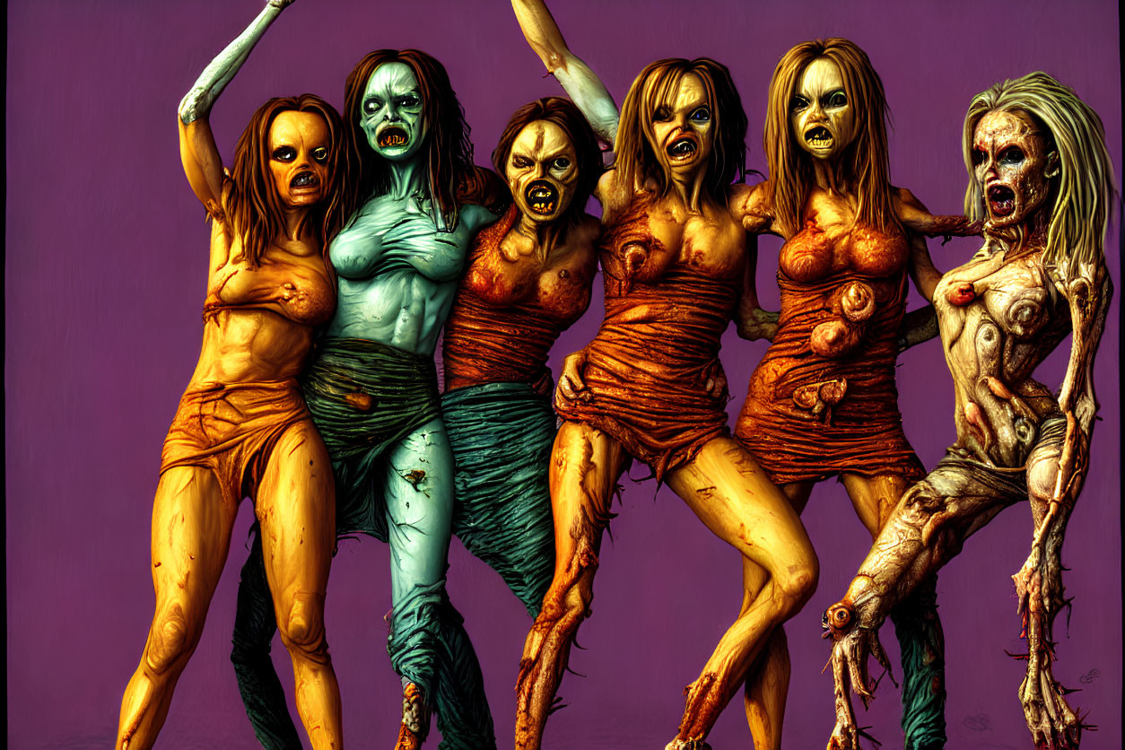 Illustrated Zombie Women with Grotesque Features on Purple Background
