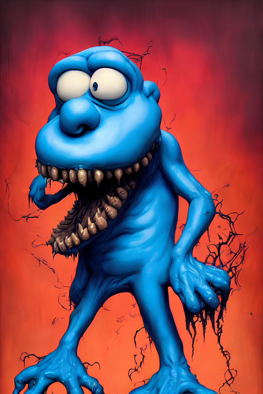 Blue Cartoon Monster with Big Eyes and Sharp Teeth on Fiery Red Background