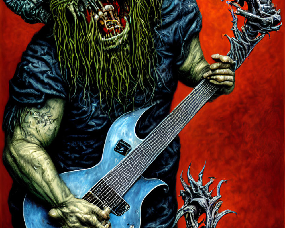 Monstrous creature with horns playing blue electric guitar on red backdrop