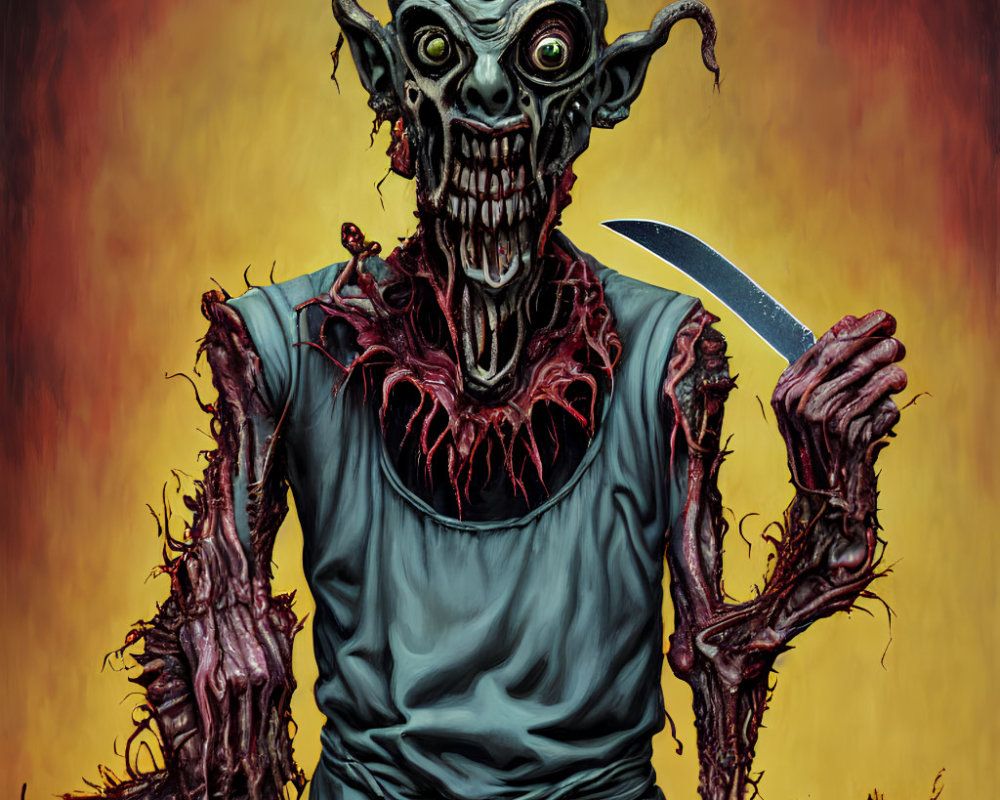Grotesque zombie illustration with bulging eyes and knife, in tattered blue garment