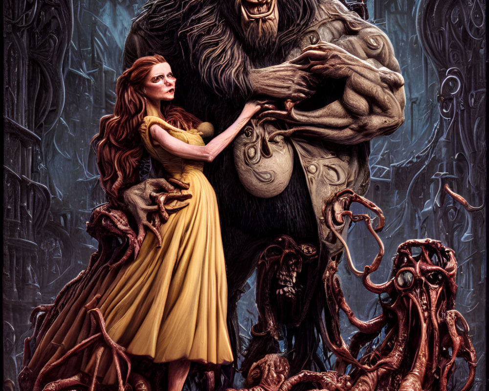 Woman in Yellow Dress with Friendly Beast in Gothic Setting