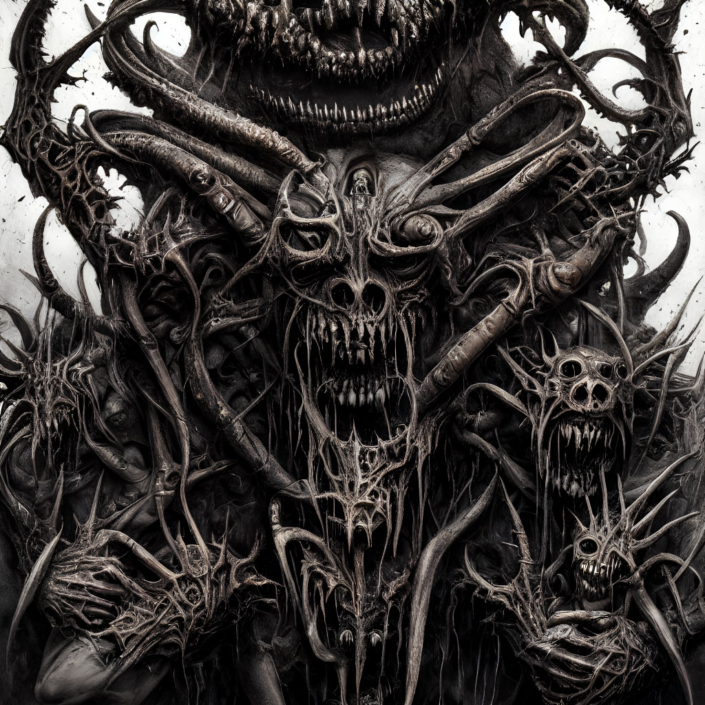 Intricate dark artwork: central skull figure with horns, surrounded by skeletal forms.