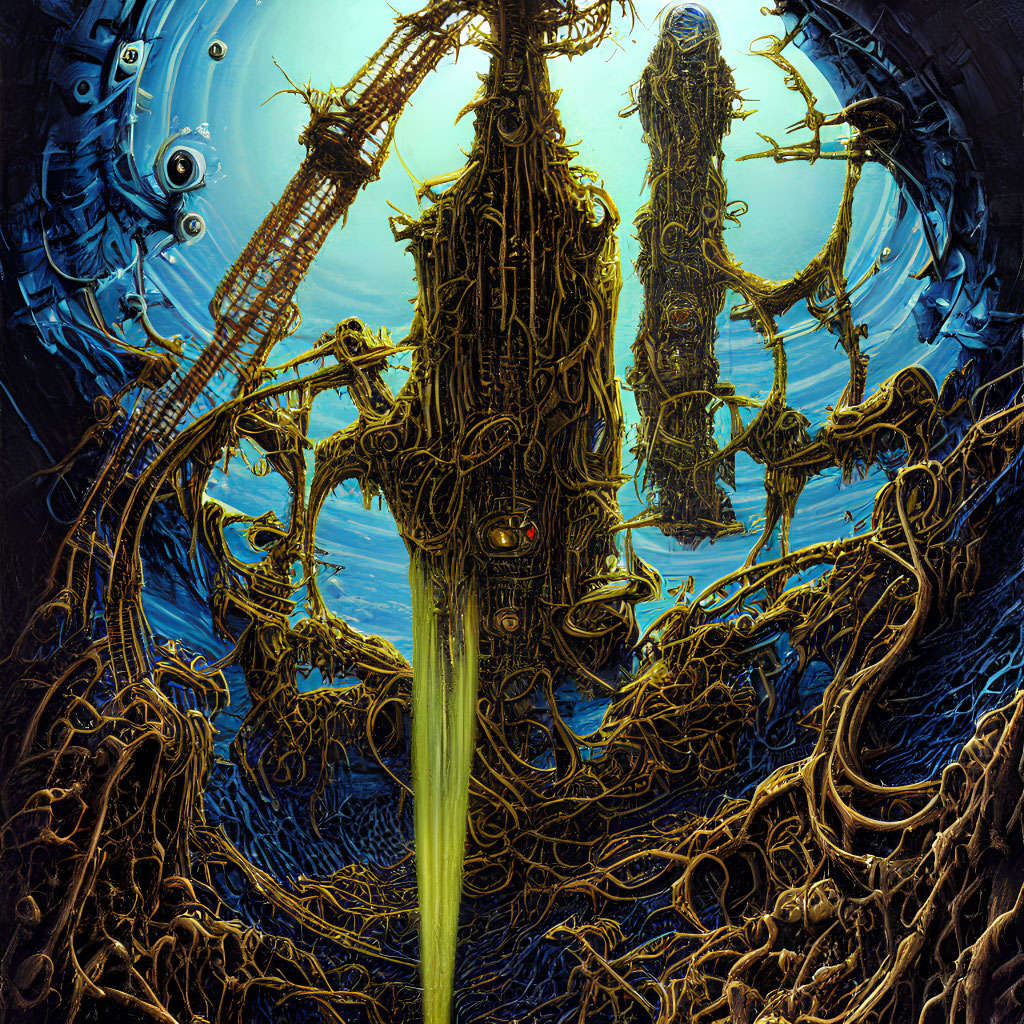 Intricate surreal biomechanical artwork in blue and yellow palette