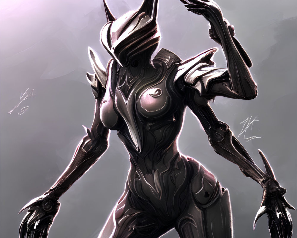 Metallic humanoid figure in angular armor and glowing accents against soft background