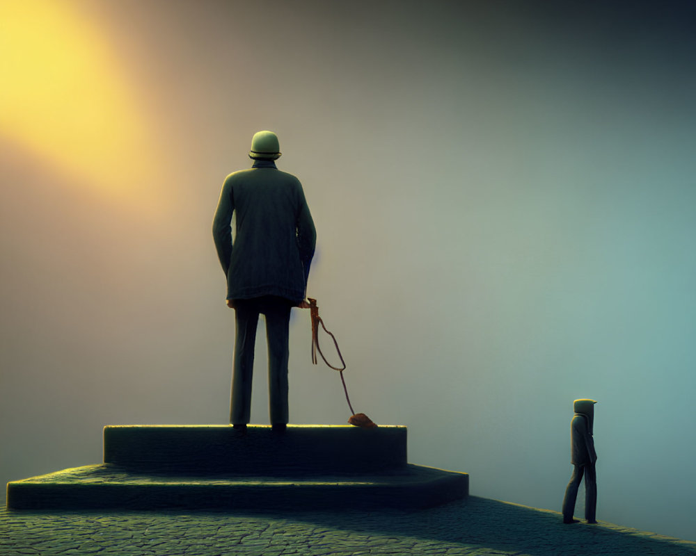 Towering man statue holding leash with smaller figure in misty backdrop