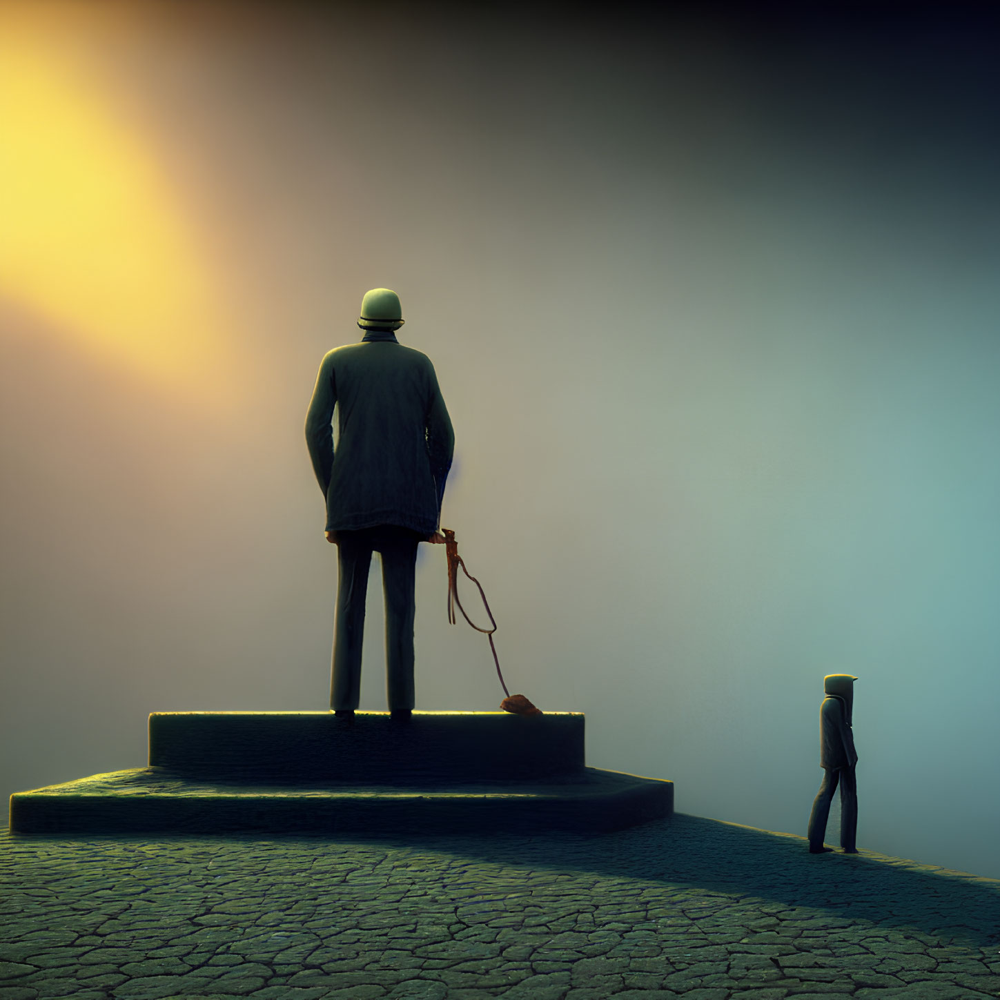 Towering man statue holding leash with smaller figure in misty backdrop