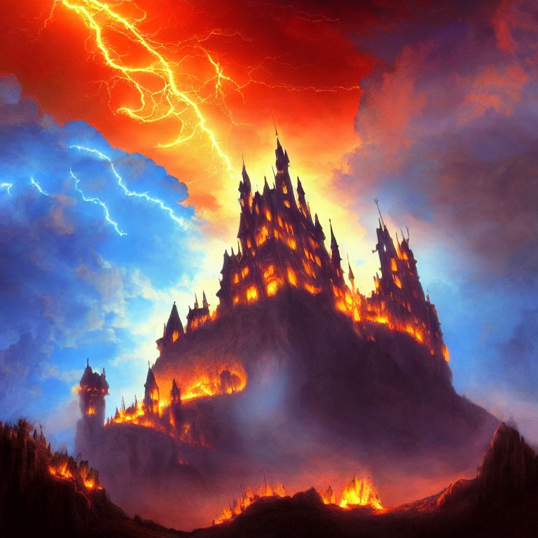 Fantasy castle on mountain engulfed in flames under stormy sky