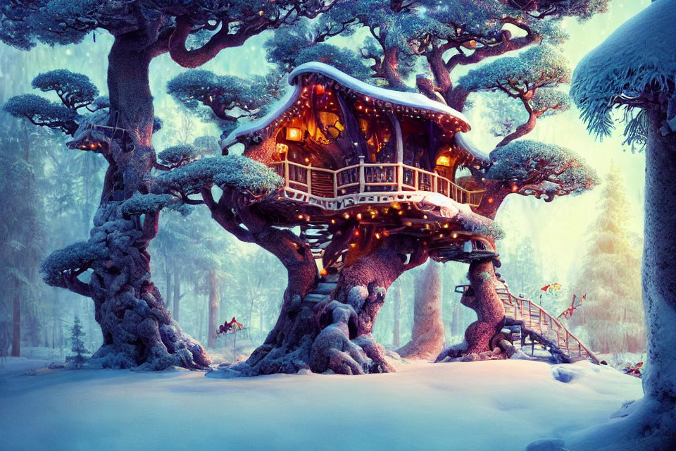 Enchanting snow-covered forest treehouse at twilight