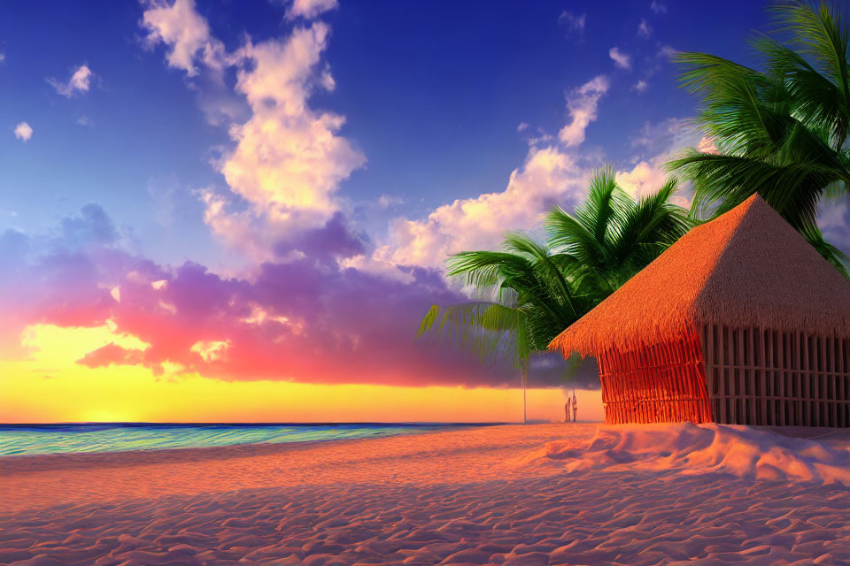 Tranquil sunset beach scene with palm trees, thatched hut, calm waters, and silhou