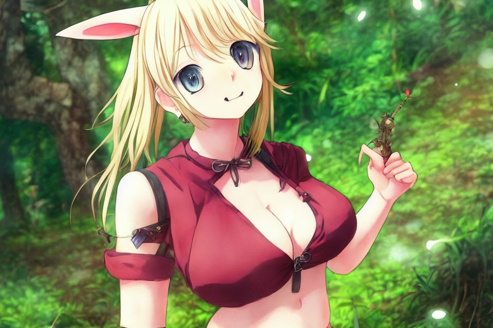 Blonde Anime Girl with Animal Ears in Red Outfit