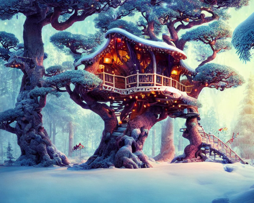 Enchanting snow-covered forest treehouse at twilight