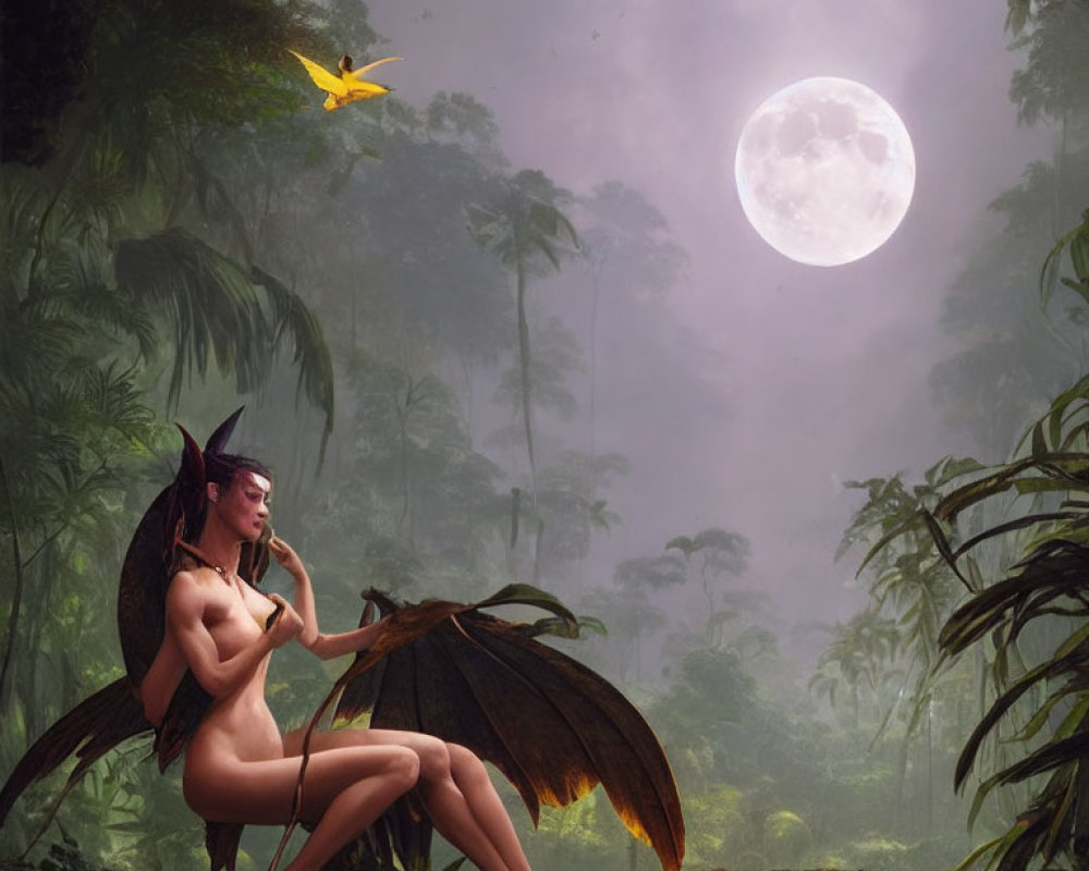 Mythical fairy with wings in misty jungle under full moon