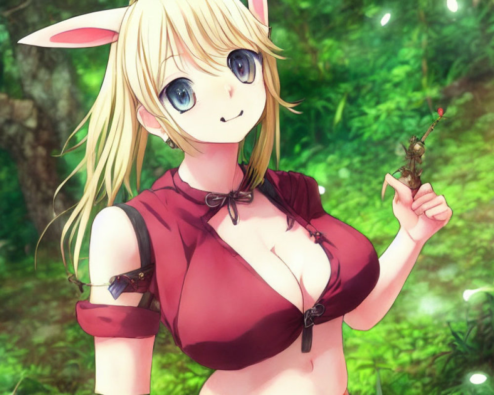 Blonde Anime Girl with Animal Ears in Red Outfit