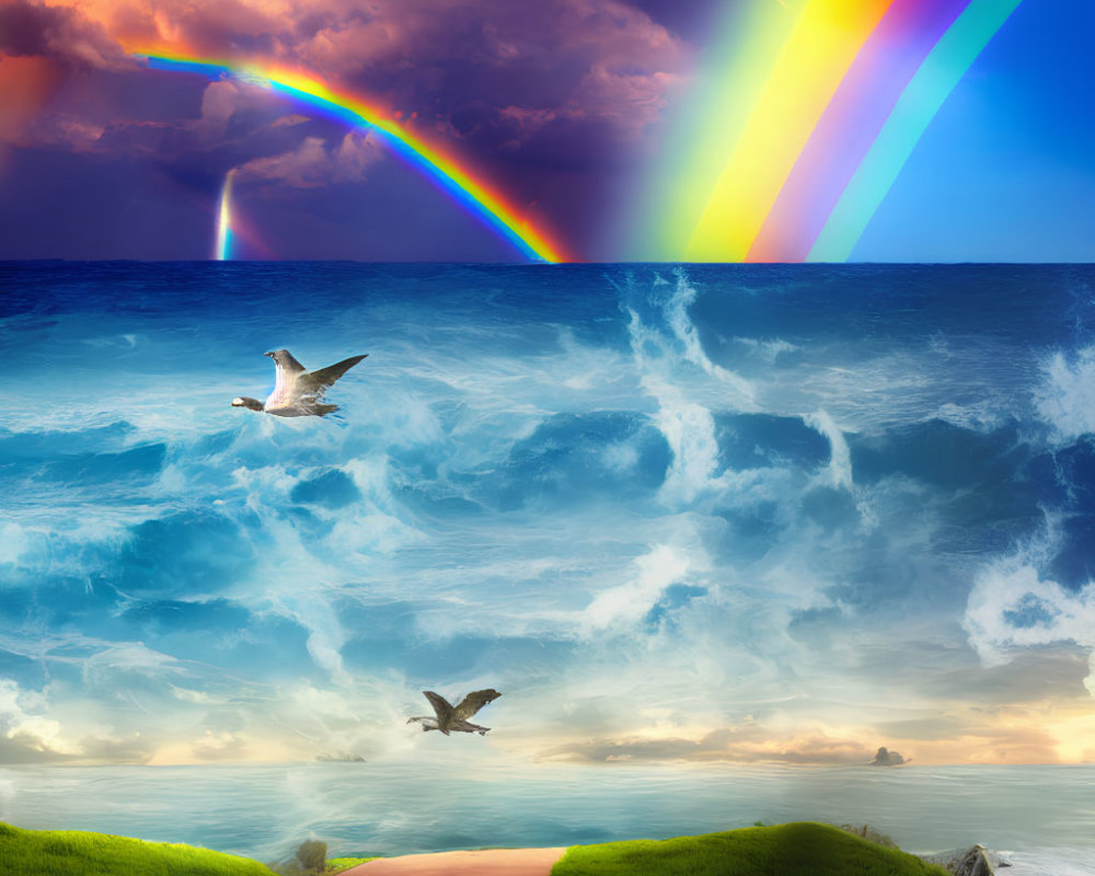 Colorful rainbow over stormy ocean with seagulls and sunset horizon