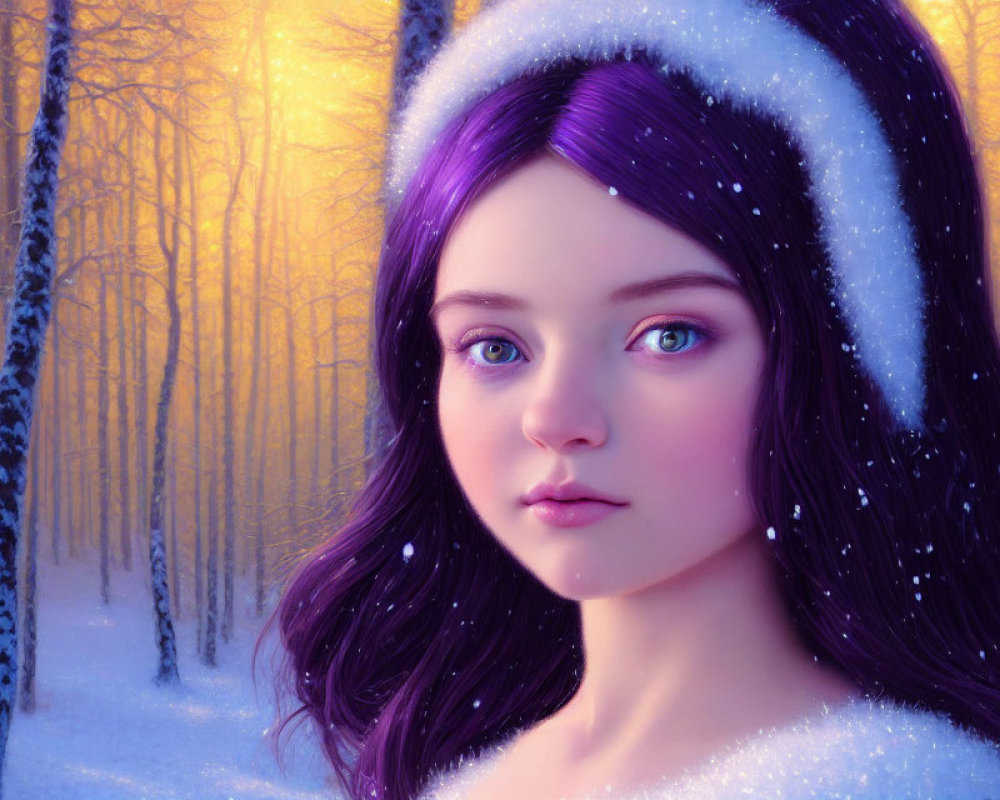 Digital artwork featuring girl with purple hair and blue eyes in winter hat, snowy forest background.