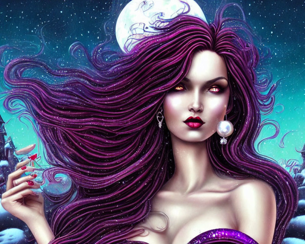 Illustrated woman with purple hair holding glowing orb in snowy fantasy landscape